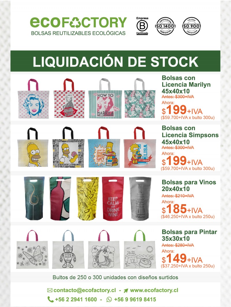 ECOFACTORY - Bolsas ecológicas reutilizables - Liquidación de stock (entrega inmediata)