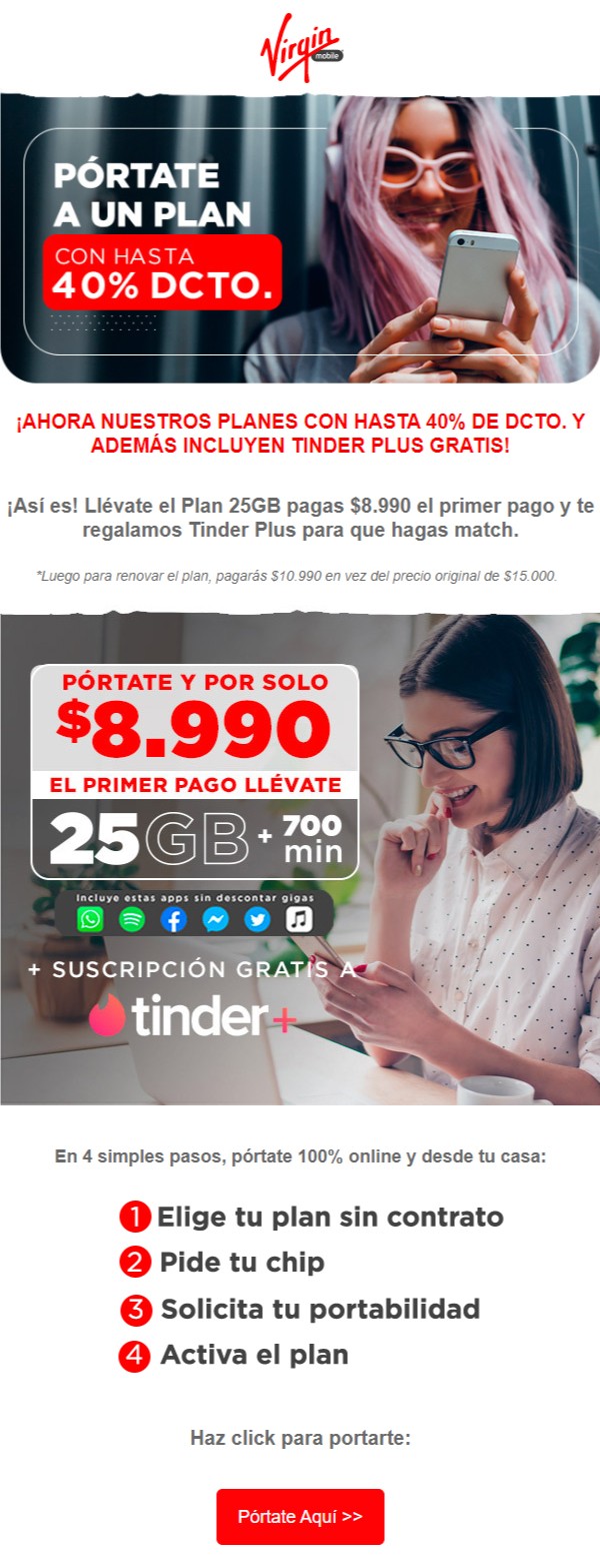 pórtate a un plan VIRGIN - 40% dscto y Tinder GRATIS