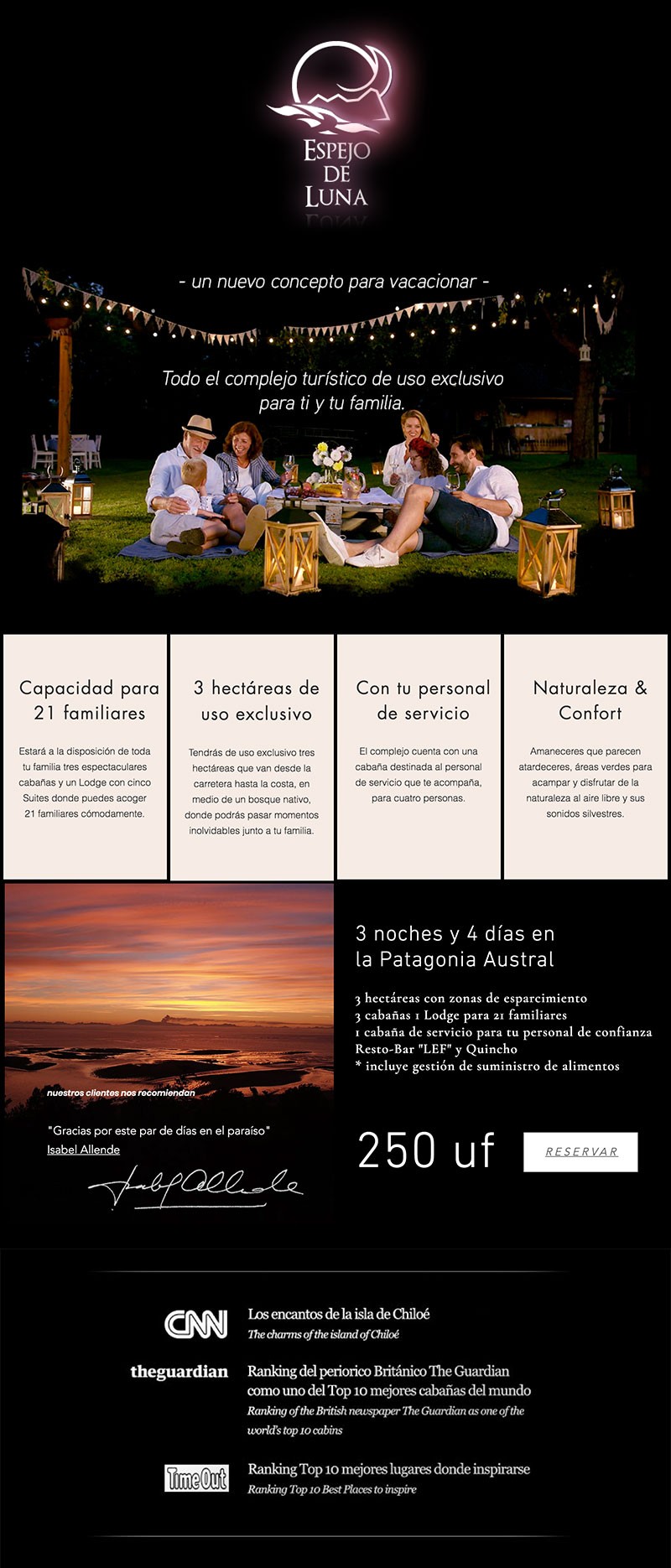 Espejo de Luna - Patagonia Austral - Un nuevo concepto para vacacionar. Reserva tu reencuentro familiar y el uso exclusivo de todo el complejo turístico