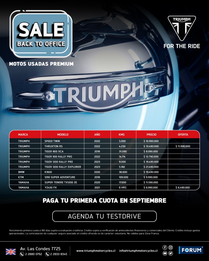 Triumph Motorcycles Chile - Motos usadas premium - Paga tu primera cuota en septiembre 