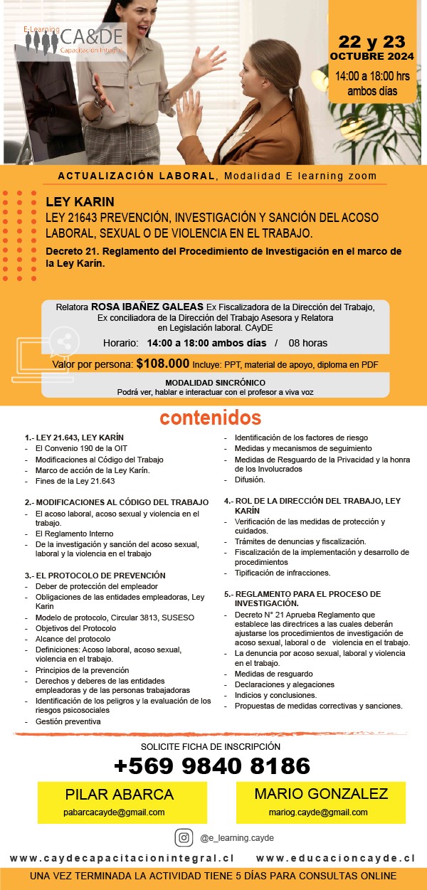 Cayde CapacitaciÃ³n - Ley Karin, protocolo de prevenciÃ³n, procedimiento de investigaciÃ³n, 22 y 23 de Oct.