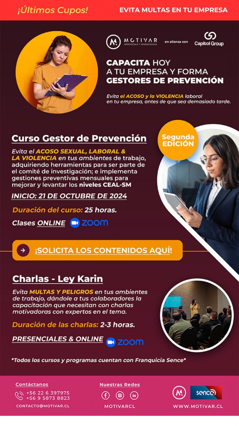 Motivar Capacitaciones Profesionales - Ãšltimos Cupos Curso Gestor de PrevenciÃ³n en Ley Karin - MOTIVAR