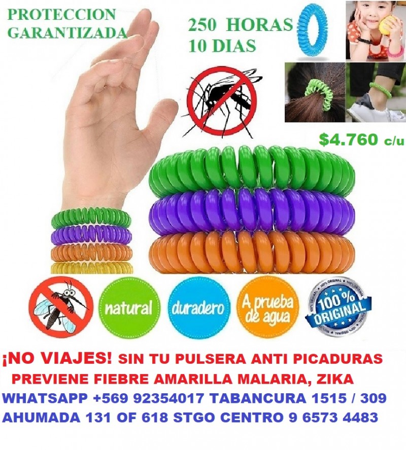 NO VIAJES SIN TU PULSERA REPELENTE DE MOSQUITOS - PROTECCION ZIKA, MALARIA, MOSQUITOS $ 4.760 c/u 10 días