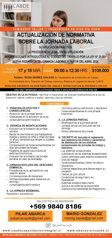 Cayde Capacitación Integral - Act. de modificaciones vigentes sobre JORNADA laboral y su aplicación 17 y 18 dos mañanas