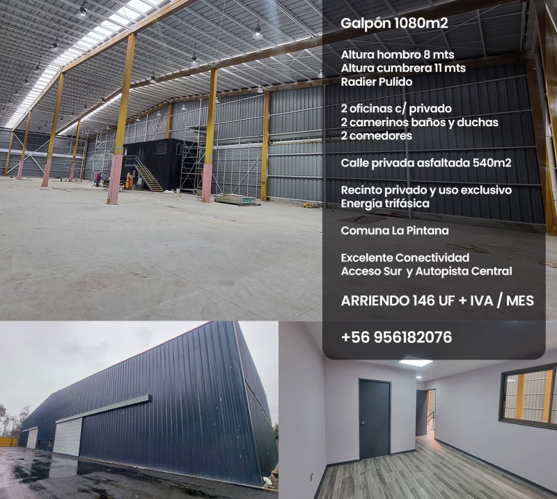 ARRIENDO GALPON - Arriendo Galpón 1080m2 con calle asfaltada 540m2, recinto privado uso exclusivo